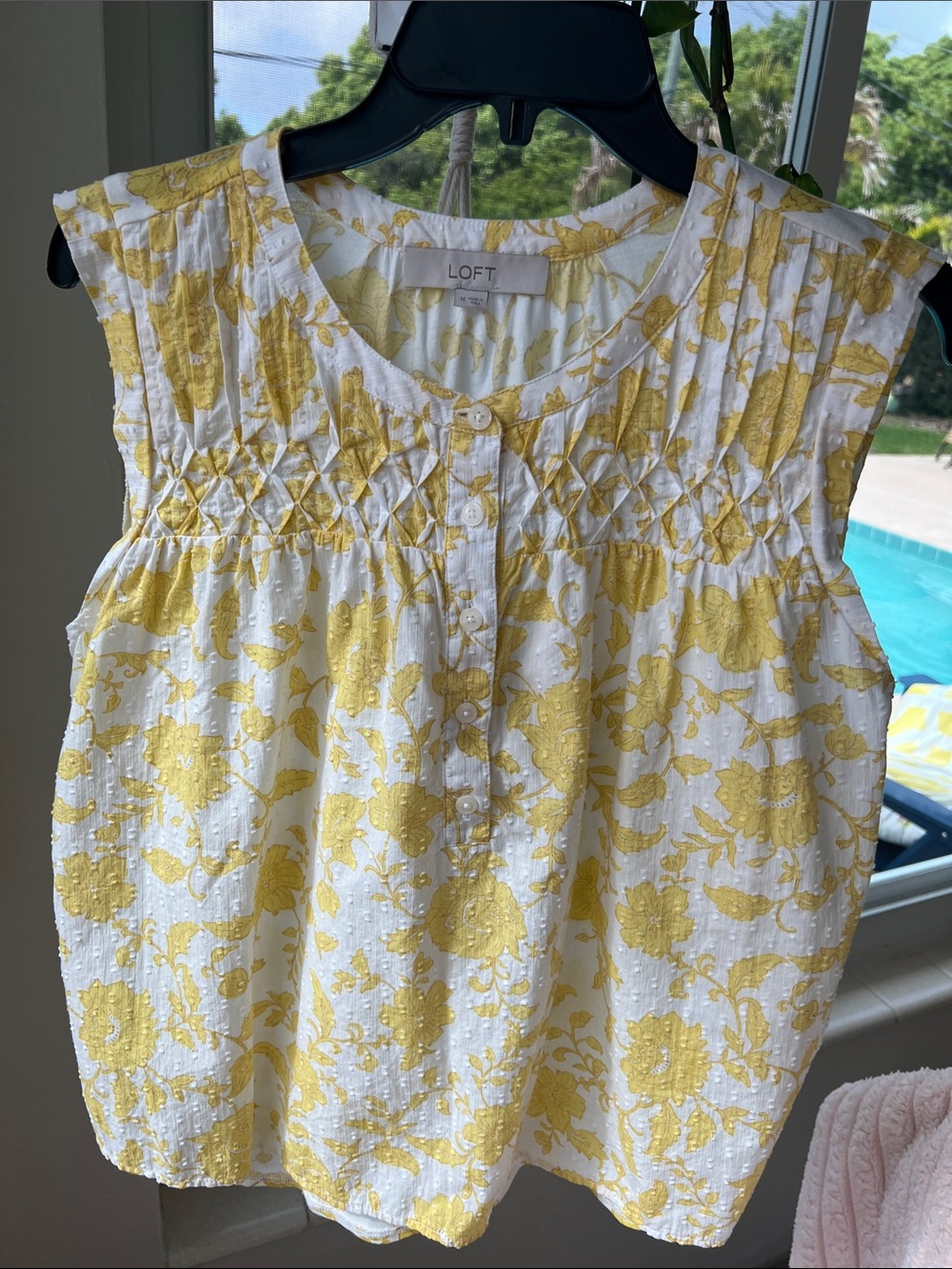 LOFT White and Yellow Floral Sleeveless Smocked Yoke Top Medium